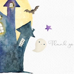 Peut inclure: Une illustration aquarelle d'une sc&egrave;ne d'Halloween effrayante avec une maison hant&eacute;e bleue et violette, une lune jaune, un fant&ocirc;me blanc et des &eacute;toiles violettes et orange. Le texte "Merci" est &eacute;crit en cursive.