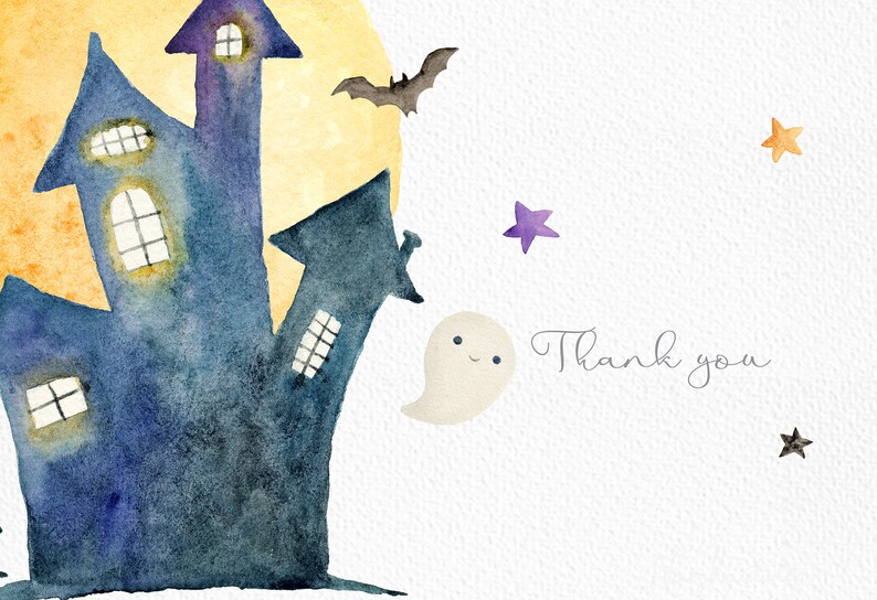 Peut inclure: Une illustration aquarelle d'une sc&egrave;ne d'Halloween effrayante avec une maison hant&eacute;e bleue et violette, une lune jaune, un fant&ocirc;me blanc et des &eacute;toiles violettes et orange. Le texte "Merci" est &eacute;crit en cursive.