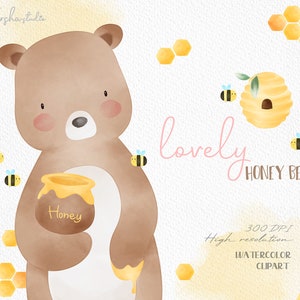 Honey Bear Watercolor Clip Art/ Baby Bear Clipart/ Honey Clipart/ Honey Bee clipart/ Bear Illustration/Bear Watercolor art/Cute Bear Clipart