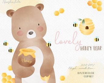 Honey Bear Watercolor Clip Art/ Baby Bear Clipart/ Honey Clipart/ Honey Bee clipart/ Bear Illustration/Bear Watercolor art/Cute Bear Clipart
