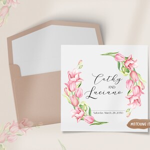 May include: A wedding invitation with a pink floral design. The invitation reads "Cathy and Luciano" and "Saturday, March 28, 2050".