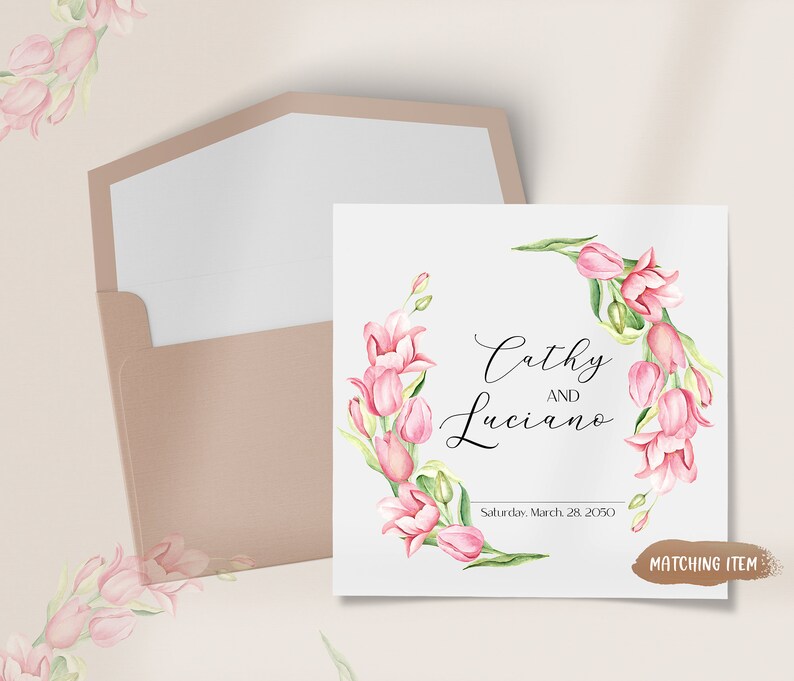 May include: A wedding invitation with a pink floral design. The invitation reads "Cathy and Luciano" and "Saturday, March 28, 2050".
