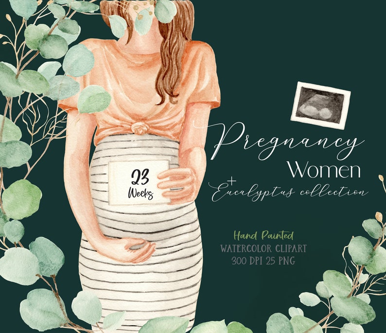 May include: Watercolor illustration of a pregnant person holding a sign that says "23 Weeks". The person is wearing a peach colored shirt and a black and white striped skirt. The background is a dark green color with eucalyptus leaves.