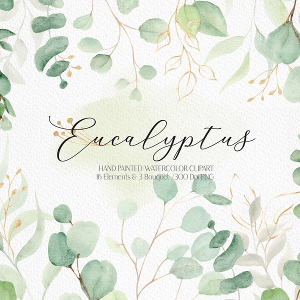 Watercolor Eucalyptus Clipart  Greenery Clipart Green and Gold Eucalyptus Bouquet Green Leaves