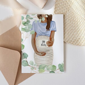 May include: A watercolor illustration of a pregnant person holding a card that says "24 Weeks" in front of a background of green eucalyptus leaves.