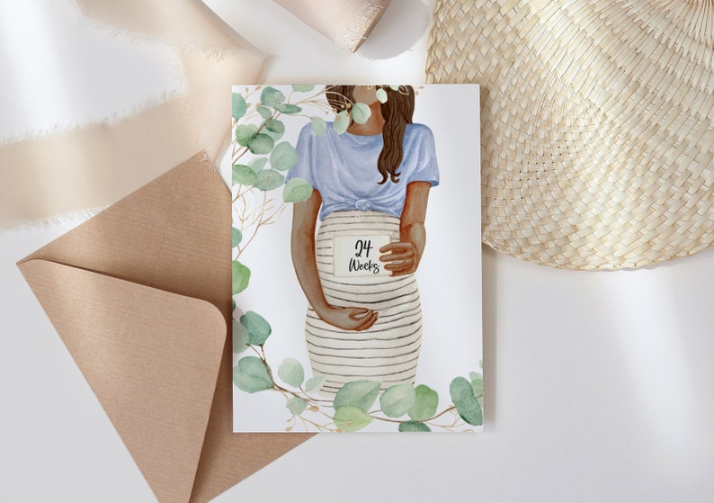 May include: A watercolor illustration of a pregnant person holding a card that says "24 Weeks" in front of a background of green eucalyptus leaves.