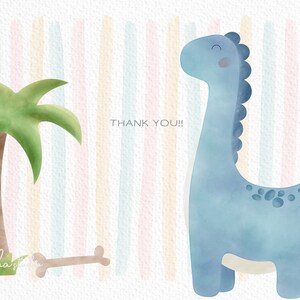 May include: A watercolor illustration of a blue dinosaur with a happy expression, a green palm tree, and a brown bone on a background of colorful stripes. The text "THANK YOU!!" is written in black.