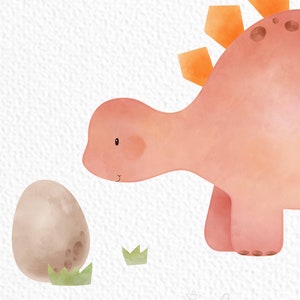 May include: A pink watercolor dinosaur with orange spikes on its back looks at a brown egg with green grass around it.