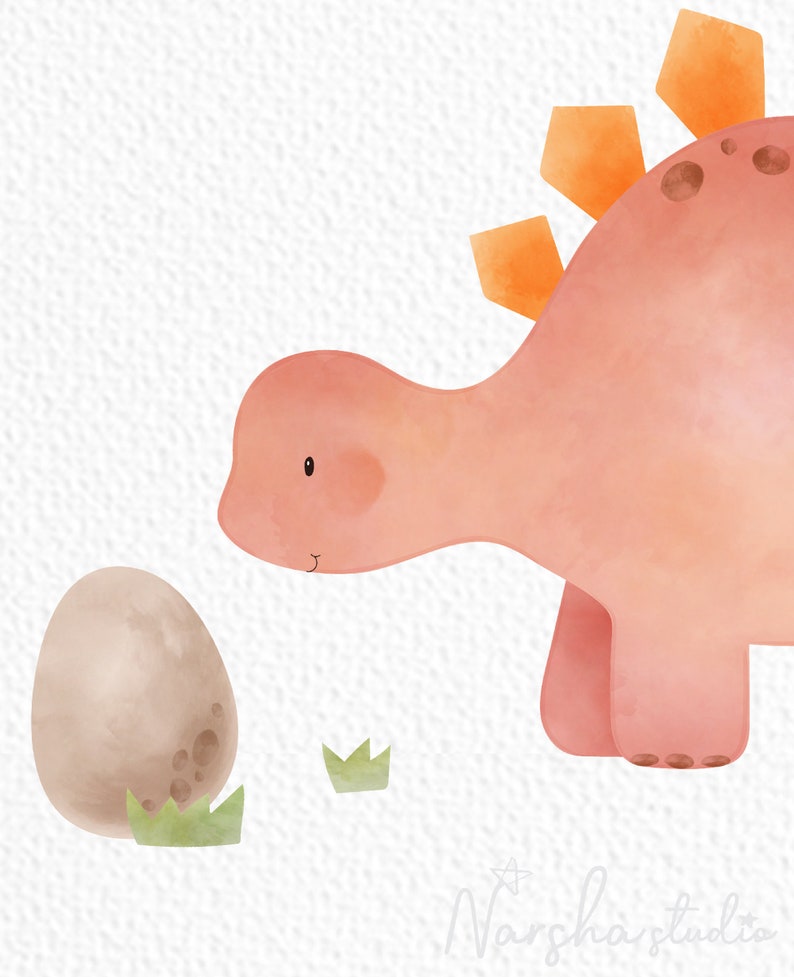 May include: A pink watercolor dinosaur with orange spikes on its back looks at a brown egg with green grass around it.