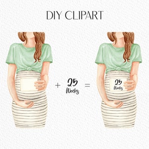 May include: Two watercolor illustrations of a pregnant person holding a sign with the text "25 Weeks". The person is wearing a green shirt and a striped skirt. The text "25 Weeks" is written below the images.