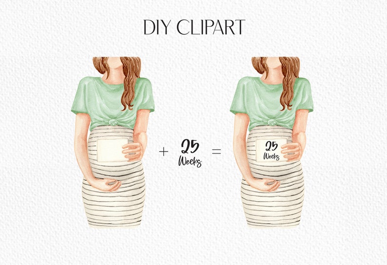 May include: Two watercolor illustrations of a pregnant person holding a sign with the text "25 Weeks". The person is wearing a green shirt and a striped skirt. The text "25 Weeks" is written below the images.