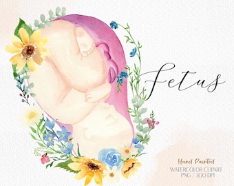 Fetus watercolor clipart placenta flowers art newborn clipart baby shower clipart