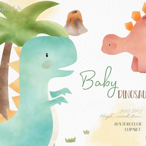 May include: Watercolor clipart of two baby dinosaurs. One is green and the other is pink. The text "Baby Dinosaur" is written in green cursive. The text "300 DPI High resolution Watercolor Clipart" is written in brown.
