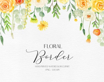 Watercolor Floral Border Digital Clipart  Yellow and green Watercolor Flower Clipart Flower Frame  Wedding Invite