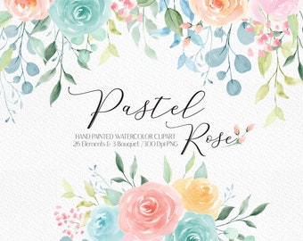 Pastel Primavera Aquarela Buquês Florais Clipart Digital Pêssego e Menta Rosa Aquarela Floral Clipart Buquê de Flores Aquarela