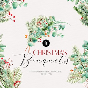 Clipart de buquês de Natal em aquarela Clipart de Natal Clipart de buquê Clipart de eucalipto Clipart floral Clipart de convite