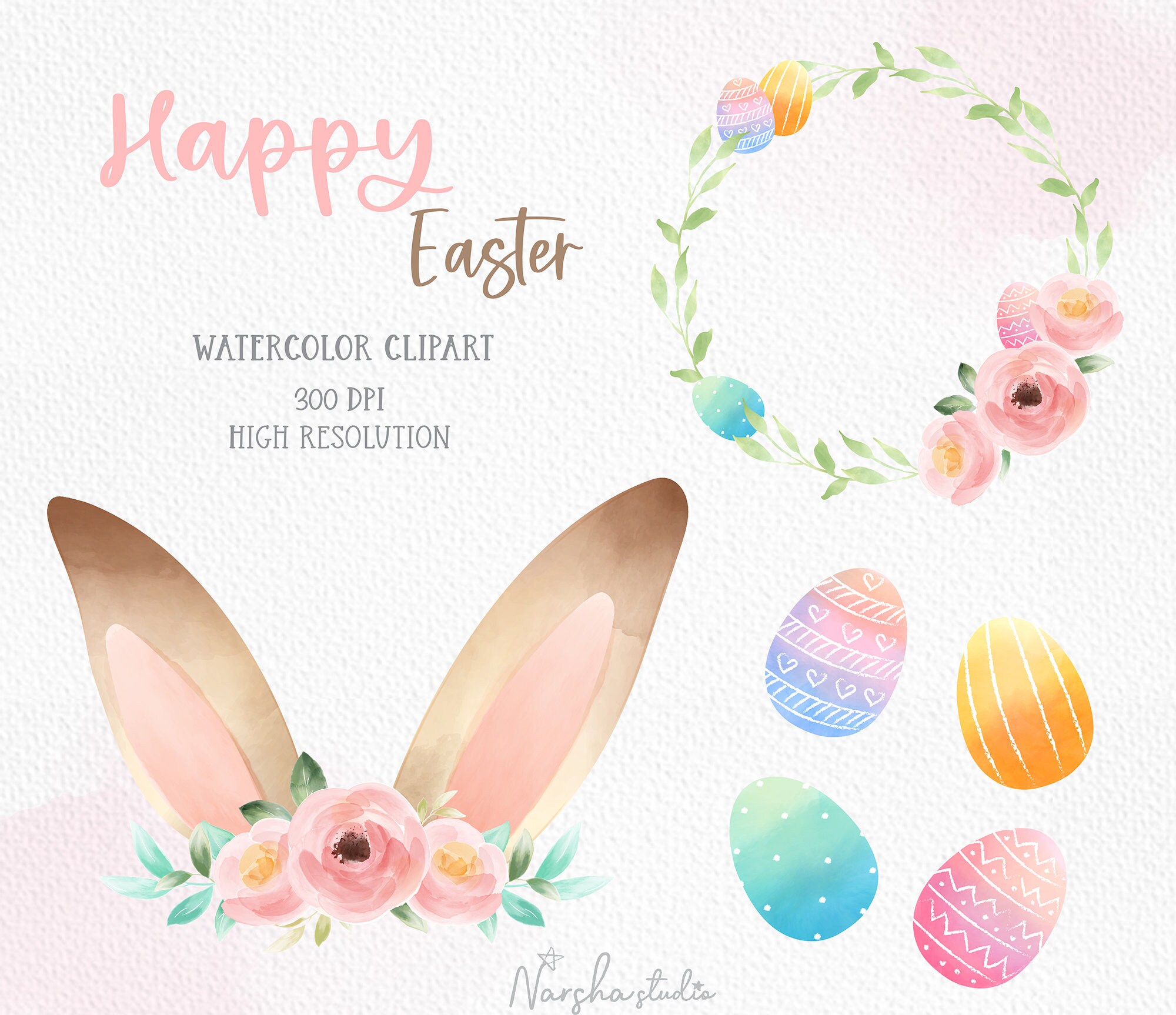 シーグラスアート『 Happy Easter～Cocktail.。.:*☆～』 Happy Easter Watercolor Clip Art/ Happy Easter Png/ Easter