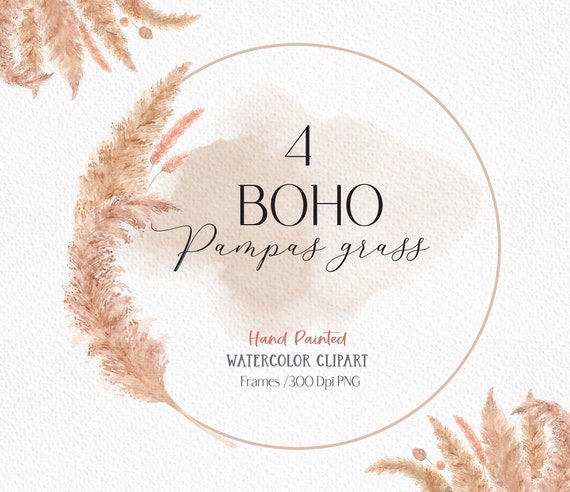 Dried Pampas Grass Frames Watercolor Clip Art.  boho wedding  watercolor  floral frame png dried leaves wedding invitation frames