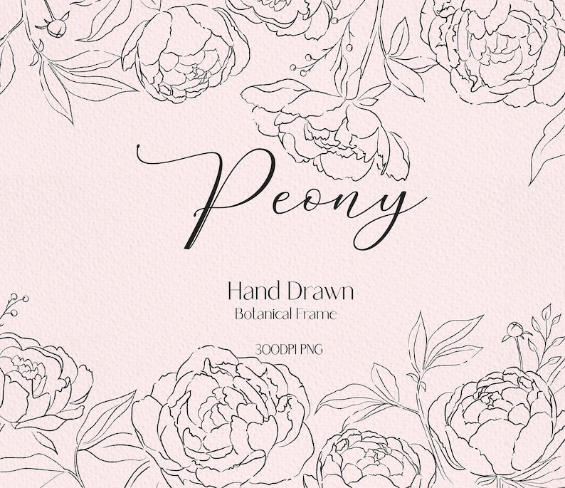 May include: A black and white line drawing of peonies with leaves and stems. The text "Peony" and "Hand Drawn Botanical Frame" is written below the flowers. The text "300DPI PNG" is written below the text.
