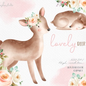 Lovely Deer Watercolor Clip Art / Acuarela de ciervo / arte de ciervo bebé / Ciervo PNG / Ilustración de ciervo / Clipart floral / Animal bebé / vivero de bosques