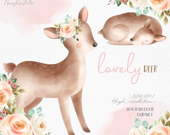 Lovely Deer Watercolor Clip Art/ Deer watercolor/ baby Deer art/ Deer PNG/ Deer Illustration/Floral Clipart/ Baby Animal/ woodland nursery