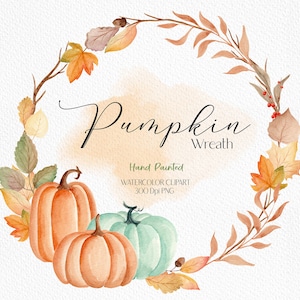 May include: Watercolor painting of a fall wreath with pumpkins and leaves. The wreath is brown and orange with green leaves and red berries. The pumpkins are orange and green. The text "Pumpkin Wreath" is written in cursive on the wreath.