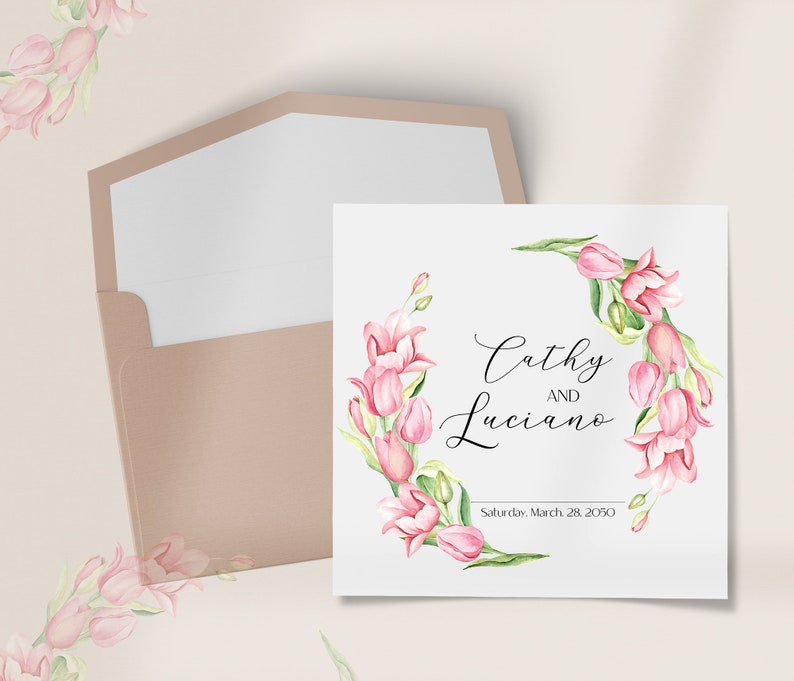 May include: A wedding invitation featuring a pink and green floral design. The invitation reads "Cathy and Luciano, Saturday, March 28, 2050".