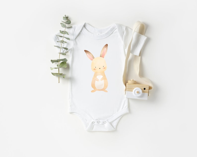 May include: A white baby onesie with a brown bunny rabbit illustration on the front. The bunny has a white belly and pink ears.