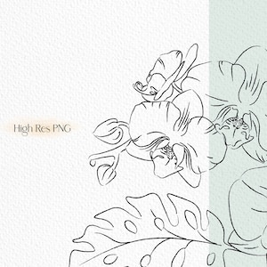May include: Line art drawing of orchids with leaves. The orchids are in black and white and have a delicate, flowing design. The leaves are also in black and white and have a more textured look.