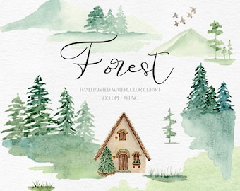 Akvarell skog clipart berg clipart hus akvarell landskap clipart akvarell grönska berg bröllop png