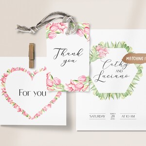 May include: A set of three printable wedding stationery designs featuring pink flowers and greenery. The designs include a thank you tag, a save the date card, and a small card that says "For you".
