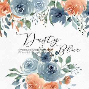 Clipart de flores azuis empoeiradas buquê de rosa empoeirado casamento azul empoeirado flor desenhada à mão clipart floral azul
