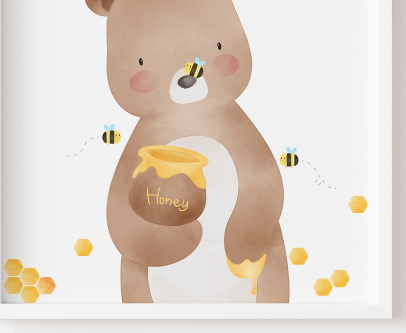 May include: A brown bear holding a pot of honey with the word "Honey" written on it. There are several yellow honeycombs and bees flying around the bear.
