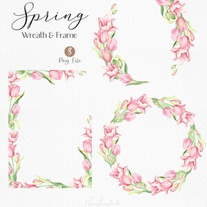 May include: A set of three watercolour clipart images featuring pink tulips arranged in a wreath and frame designs. The text "Spring Wreath & Frame" and "3 Png File" are included in the image.