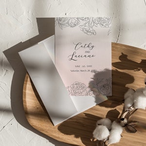 May include: A pink save the date card with a floral design and the text "Cathy and Luciano" and "Save the Date" with the date "Saturday, March 28, 2020".