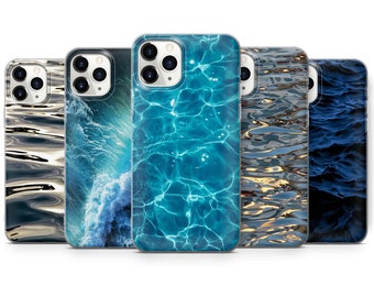 May include: Five different iPhone cases with various water-themed designs. The cases feature images of blue water, waves, and ripples.