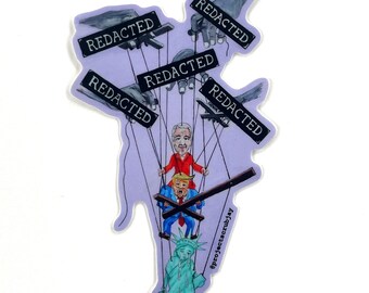 Arte de protesta política Trump-Epstein-Plutocracia, pegatina de vinilo troquelada (10 x 5,7 cm) Penumbra de marioneta plutocrática