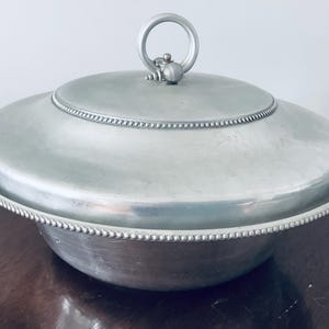 Vintage Buenilum Aluminum Covered Serving Dish, Mid Century Modern Buffetware , Lidded Bowl with Beaded Edge, Vintahe Aluminum Serving dish