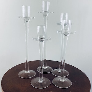 Elegant Graduated Glass Candle Holders ,Five glass candleholders by International Silver, Vintage Clear Glass Taper Candle Holders