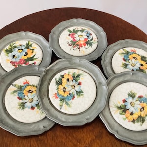Vintage Pewter Coasters with inlaid porcelain floral tiles, Vintage Floral Coaster Set, Pewter-Porcelein Floral Coasters, Decorative Coaster