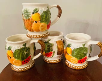 Set of four hand-painted ceramic mugs with raised fruit designs, Vintage Fruit Mugs, pretty vintage coffee mugs, Colorful Fruit Mug Set