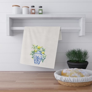 Chinoiserie Vase With Lemons Kitchen Towel, Decorative Kitchen Towel, Blue and White Ginger Jar Towel, Pretty Kitchen Towel
