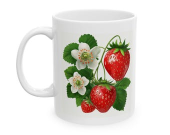 Jordgubbskaffemugg, Jordgubbsmugg, Söt kaffemugg, Kaffemuggar, Dekorativa kaffemuggar, Bärälskareskaffemugg, Trädgårdstemamugg