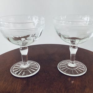 Vintage Champagne Glasses, Art Deco Etched Glassware Set of 2 ,Elegant Cocktail or Dessert Glasses,  Retro Barware, Elegant Drinkware