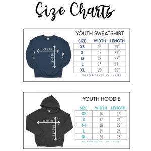 K&ouml;nnte beinhalten: Gr&ouml;&szlig;entabelle f&uuml;r Jugend-Sweatshirts und -Hoodies. Die Tabelle zeigt die Breite und L&auml;nge in Zoll f&uuml;r die Gr&ouml;&szlig;en XS, S, M, L und XL.