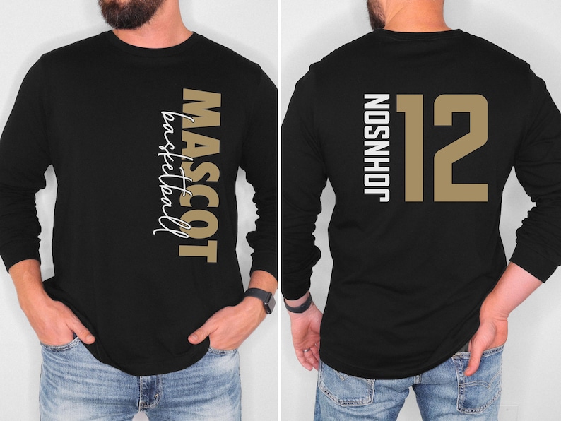 Peut inclure: T-shirt &agrave; manches longues noire avec du texte dor&eacute; qui dit "MASCOT basketball" sur le devant et "JOHNSON 12" au dos.
