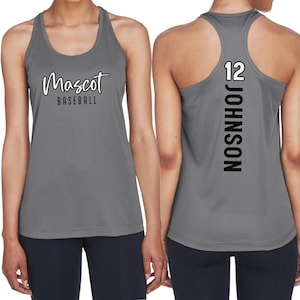May include: Gray athletic tank top with a white graphic that says "Mascot Baseball" on the front and "12 JOHNSON" on the back.