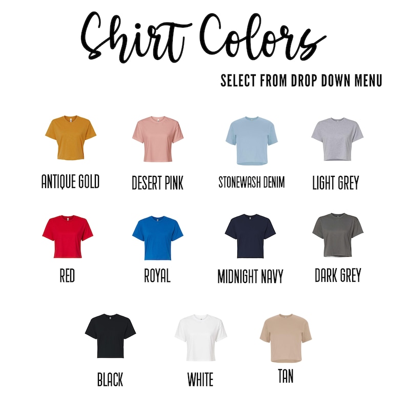 Pu&ograve; includere: Immagine che mostra una variet&agrave; di colori di magliette corte. Il testo "Colori della maglietta" &egrave; in alto, con "Seleziona dal menu a tendina" sotto. I colori includono Oro Antico, Rosa Deserto, Denim Stonewash, Grigio Chiaro, Rosso, Royal, Blu Notte, Grigio Scuro, Nero, Bianco e Tan.