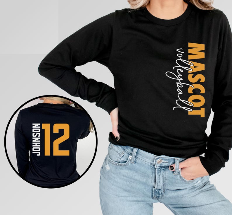 May include: Black long-sleeve shirt with the text "MASCOT volleyball" in orange on the right side. The back of the shirt has a white number "12" and the text "JOHNSON" in orange.