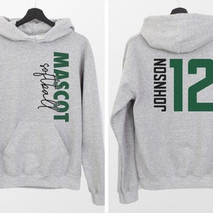 May include: Gray hooded sweatshirt with the text "MASCOT softball" on the left side and the text "JOHNSON 12" on the right side.